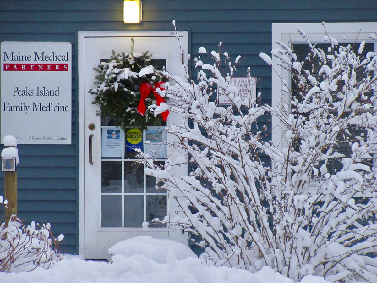 The Peaks Island Health Center building in winter